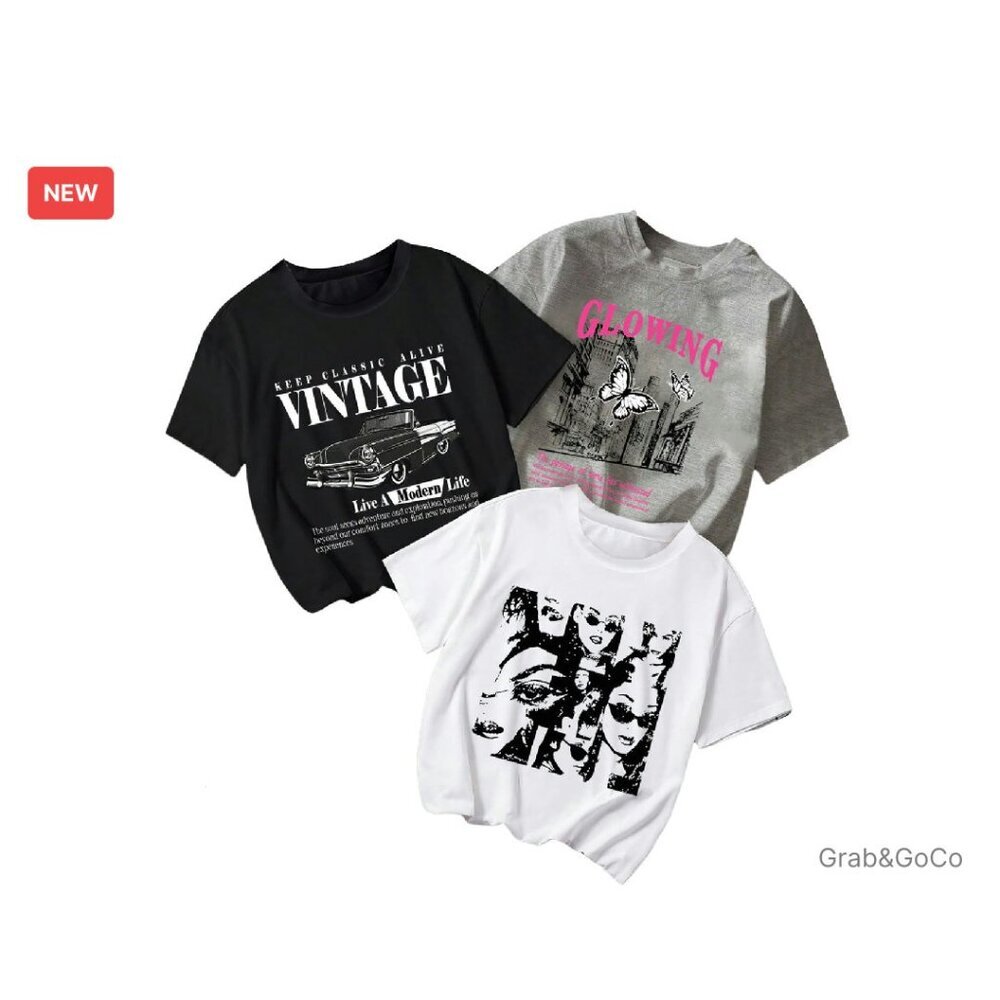 Vintage Y2K Graphic Tees 3-Piece Set Short Sleeve Round Neck Streetwear